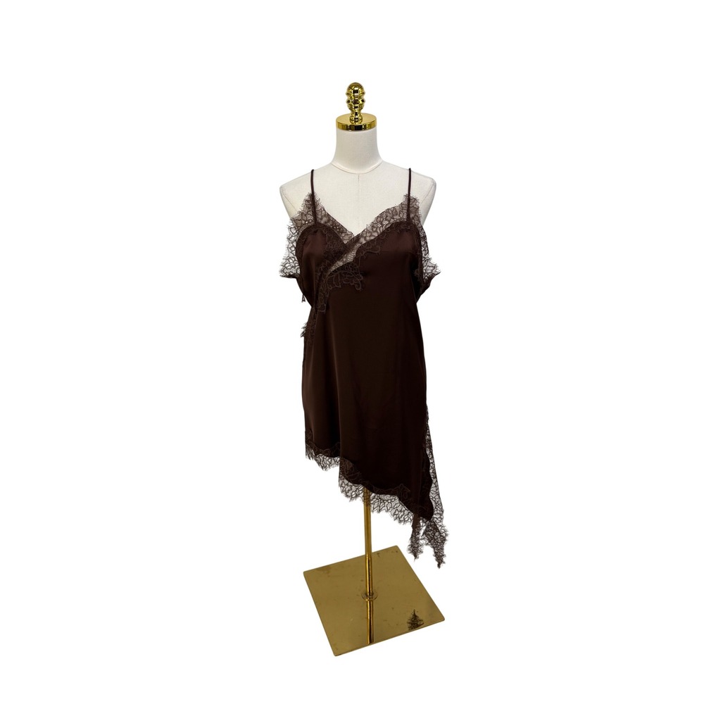 Satin Asymmetrical Lace Trim Slip Dress V-Neck Spaghetti Strap L Chocolate Brown